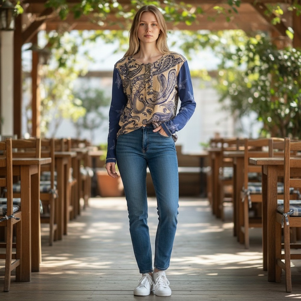 We The Free Paisley Mixed Print Henley Long Sleeve Top Blue Tan Large